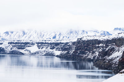 Scenic view of lake by snowcapped mountains against sky