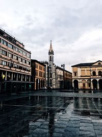 Buildings in city during rainy season