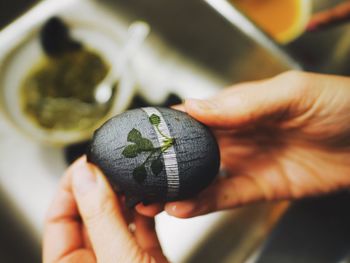 Close-up of hand holding leaf