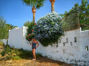 Woman standing against plants over surrounding wall on field