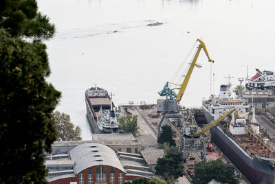 High angle view of buildings and trees in city