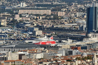 High angle view of buildings in city