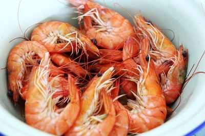 High angle view of prawns in bowl