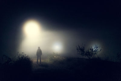 Silhouette person standing by tree against sky at night