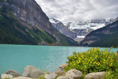 Scenic view of lake and mountains against sky