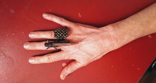 High angle view of woman hand holding red table