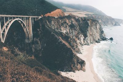 Scenic view of sea by mountain against sky