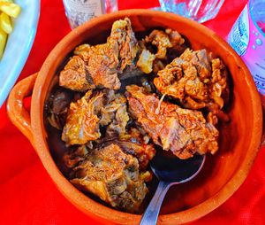 High angle view of food in plate