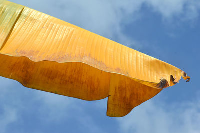 Low angle view of yellow umbrella against sky