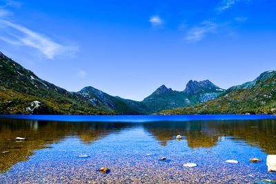 Scenic view of lake and mountains against blue sky