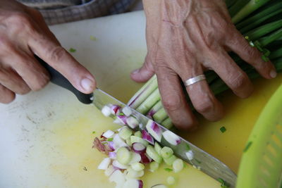 High angle view of people preparing food