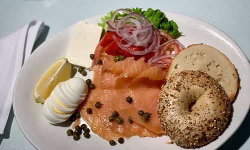 High angle view of breakfast served on table