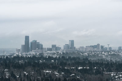 Aerial view of buildings in city against sky