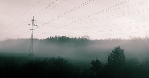 Scenic view of trees in foggy weather against sky during winter