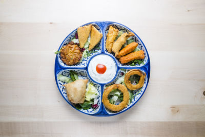 High angle view of breakfast on table