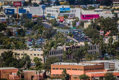 High angle view of buildings in city