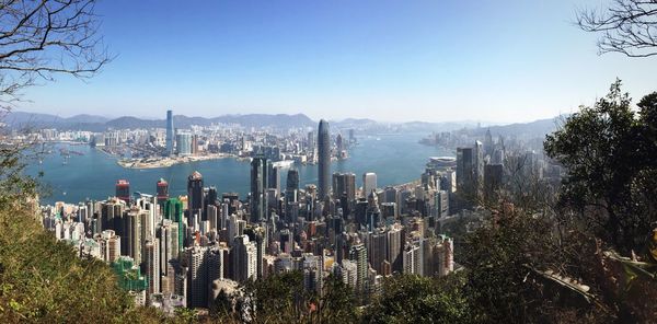 Victoria harbor amidst cityscape against clear sky