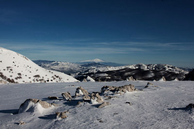 Scenic view of snow covered mountains against sky