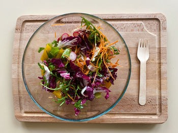 High angle view of food in plate on table