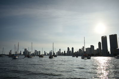 Scenic view of sea and cityscape against sky