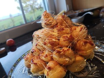 High angle view of meat in plate on table