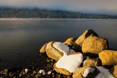 Close-up of pebbles by lake against sky