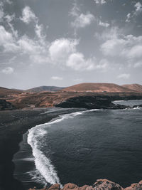 Scenic view of black beach against sky