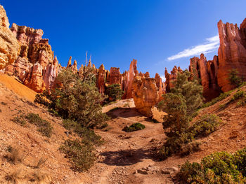 Sand and stone formations with blue sky and green trees in bryce canyon national park, utah, usa