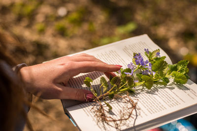 Midsection of woman holding book by potted plant