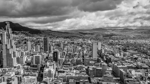 Black and white aerial view of cityscape
