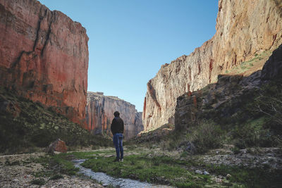 Rear view of man standing against rocky mountains at andes