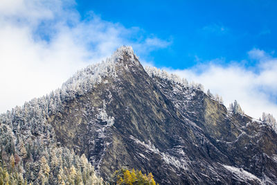 Low angle view of rocky mountain against sky