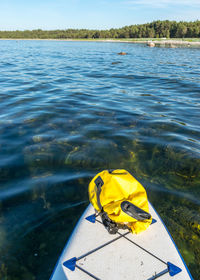 Beautiful view from padlle board to the beautiful and picturesque baltic sea coast with boulders