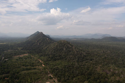 Aerial view of jungle and rainforest surrounded by mountains in national park. sri lanka.