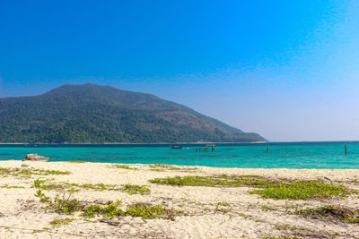 Scenic view of sea against clear blue sky