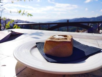 Close-up of dessert in plate on table