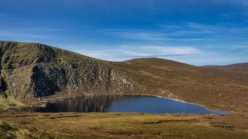 Hheart shaped lake, lough ouler, with reflection of blue sky and tonelagee mountain, ireland
