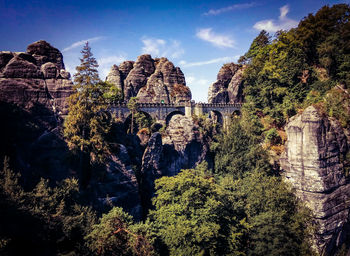 Panoramic view of trees and mountains against sky