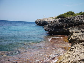 Rocks on beach against clear sky