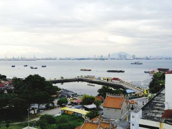 High angle view of bay against sky