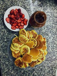 High angle view of fruits served on table