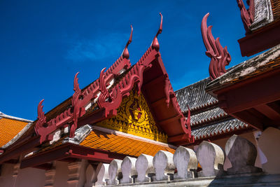 Low angle view of temple building against blue sky