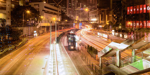 High angle view of light trails on city street