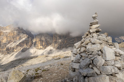 Rock formations on mountain against sky