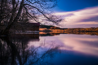 Reflection of bare trees in lake against sky