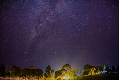 Low angle view of illuminated star field against sky