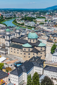 High angle view of townscape against sky in city