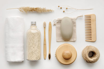 High angle view of various objects on white background