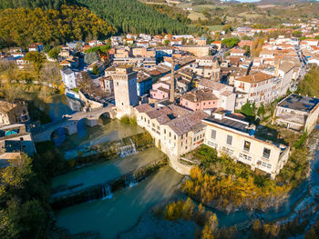 High angle view of buildings in city