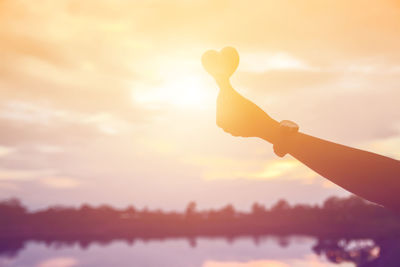 Silhouette person holding umbrella against sky during sunset